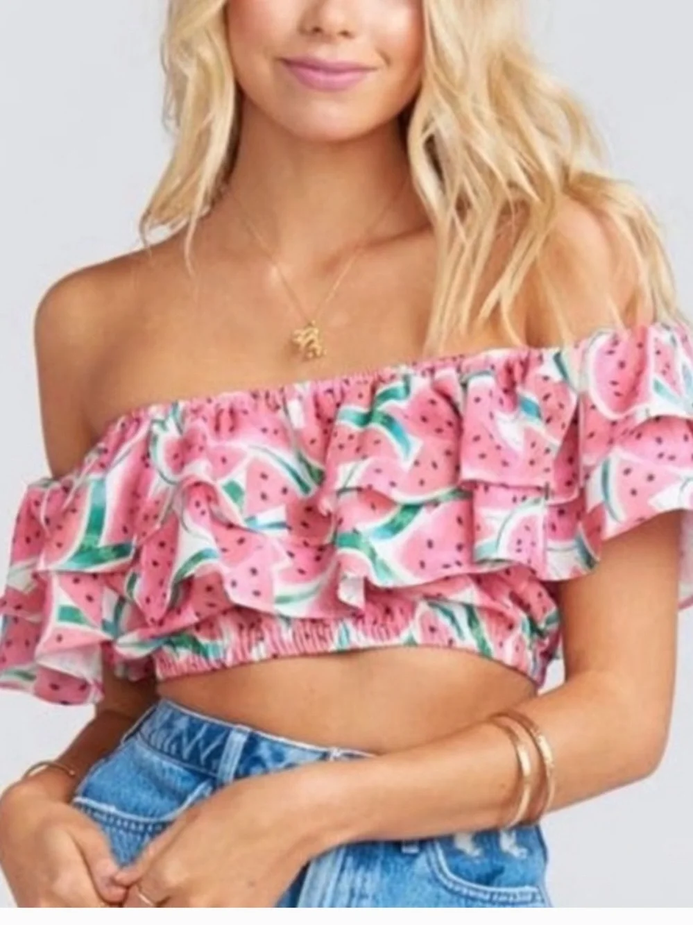 SHOW ME YOUR MUMU Watermelon Print Off The Shoulder Cropped Top